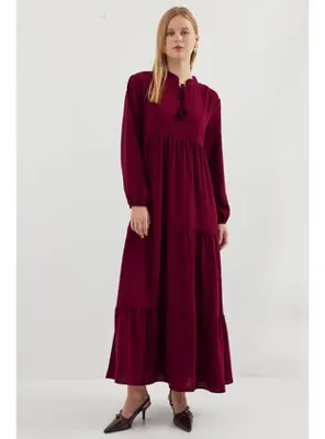 Bigdart 1627 Yaka Bağcıklı Tesettür Elbise - D. Bordo D. Bordo
