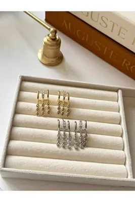 AURA ATELİER MODA Zirkon Taşlı Damla Sallantılı Halka Küpe Kadın Renk Seçenekli Hediyelik