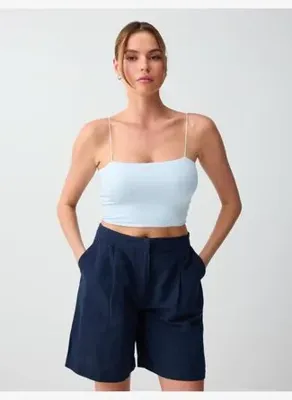 Jimmy Key Gök Mavisi Dar Kesim Açık Yaka Kısa Örme Bralet