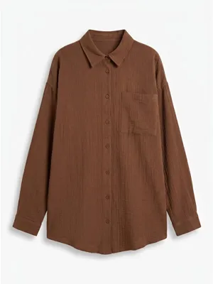 Happiness İstanbul Oversize Basic Müslin Gömlek KAKAO LMX0002