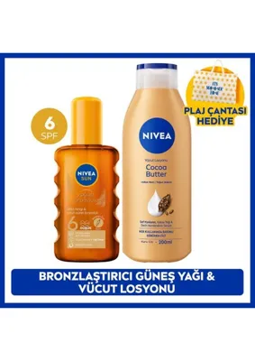 Nivea Sun Spf6 Bronzlaştırıcı Güneş Yağı 200ML ve Q10 Bronzlaştırıcı Vücut Losyonu 250ML, Çanta Hediyeli