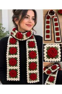 GNY TASARIM Gül motifli örgü atkı