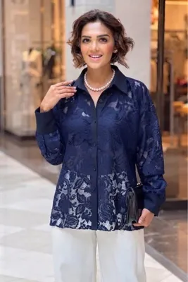 Nevin Kaya Moda Lacivert Güpürlü Özel Tasarım Gömlek - %100 Pamuk