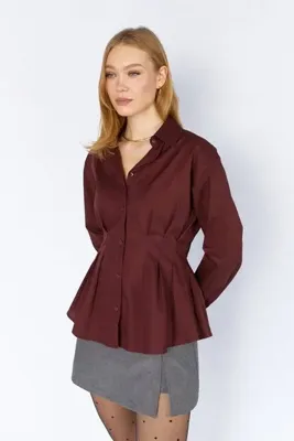 EDITION WOMAN Bordo Pilili Belden Oturan Poplin Gömlek | EK1001610919