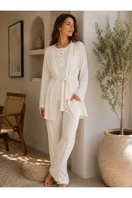 Free Angel Kadın Penye Modal Sabahlıklı Pijama Takımı 3'lü