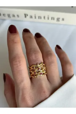 ringbox Fuşya Taşlı Dalgalı Kalın Gold Yüzük