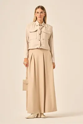 FTZ WOMEN Kadın Rahat Kalıp Kapitone Etekli Takım Beige 31220