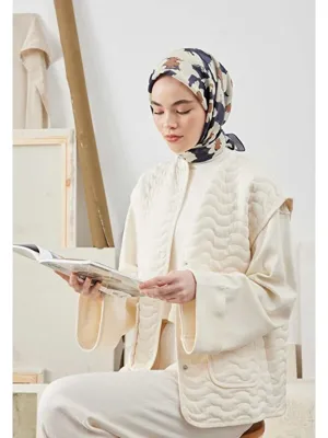 Fresh Scarfs Multı Flower Desen Pamuk İpek Eşarp Lacivert