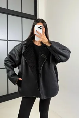 gm giyimarket Kadın Süet Deri İçi Peluşlu Oversize Mont Ceket