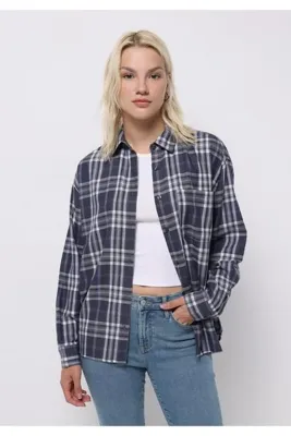 Colins Relax Fit Shirt Neck Ekoseli Kadın Lacivert Uzun Kol Gömlek