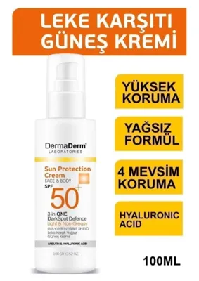 Dermaderm SPF 50+ Koyu Leke Karşıtı Yüz ve Vücut Güneş Kremi Yüksek Korumalı Bakım Kremi 100 gr