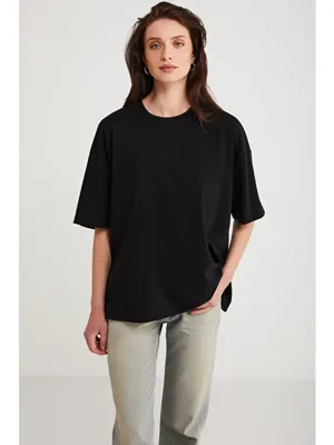 ETHIQUET MARTINA Kadın %100 Organik Pamuk Regular Fit Normal Kalıp Bisiklet Yaka Basic SİYAH T-Shirt