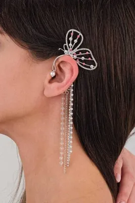MRK Zirkon Taşlı Kelebek ve İncili Sallantılı Earcuff Kıkırdak Küpe