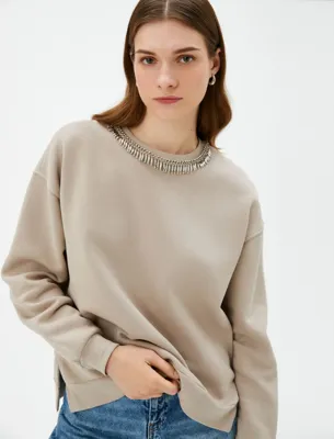 Koton Bisiklet Yaka Sweatshirt Parlak Taşlı Ribanalı