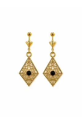 TuQos Gold Renk Siyah Taş Detaylı Otantik Sallantılı Küpe Vintage Desenli Kadın Küpe