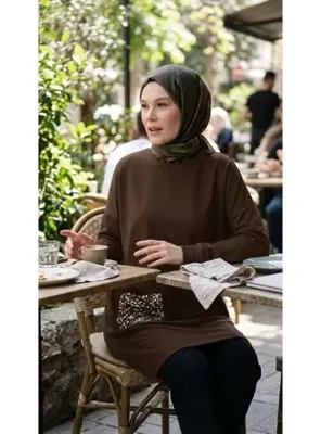 Plistre 2288_Kadın Altın Payet Cepli Siyah Tesettür Tunik - Bisiklet Yaka, Uzun Kollu, Şık Günlük / Abiye