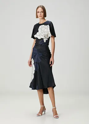 Victoria Beckham Lacivert Çiçek Desenli Midi Etek