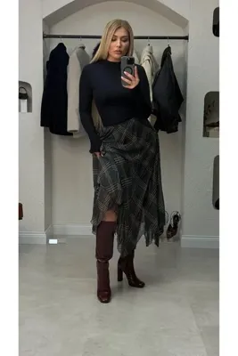 liya butik Asimetrik Ekose Haki Etek