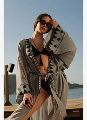 İkikız Gri Keten Baskılı Kimono