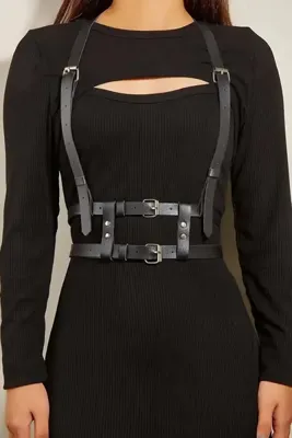 Angels Passion Siyah Suni Deri Omuz Askılı Çift Kemerli Harness