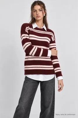 Lovelyİstanbul Çizgili Oversize Triko Kazak LMA0001 BORDO PEMBE