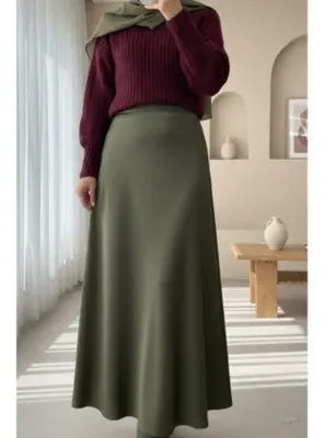 Podyumplus Beli Lastikli Saten Etek -Haki