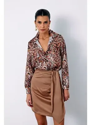 Sateen Leopar Desenli Klasik Gömlek - Taba