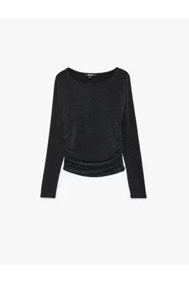 Koton Drapeli Bisiklet Yaka Uzun Kollu Simli Tişört Slim Fit