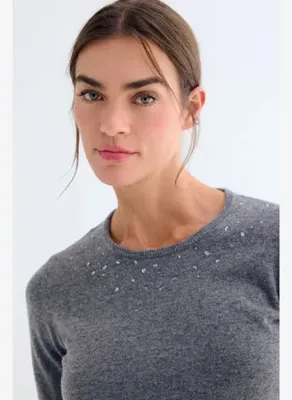 Silk and Cashmere Gri Merill Kaşmirli Taş Süslü Kısa Kollu Triko
