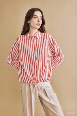 Defacto %100 Pamuk Relaxed Fit Uzun Kollu Vual Çizgili Tunik
