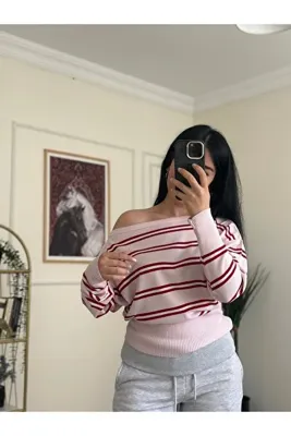 YELZEY BUTİK Düşük Omuz Çizgi Desen Kazak