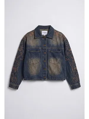 it's basic Kadın Koyu Jean 4w6-32 Oversize Nakış Detaylı Tasarım Denim Ceket