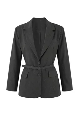 TRENDYOLMİLLA Limited Edition Antrasit Kemerli Arkası Çizgili Dokuma Astarlı Vatkalı Blazer Ceket TWOSS26BC00027
