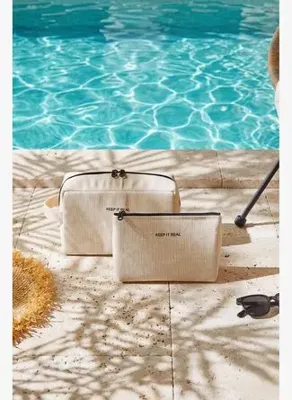 Ocean Home Textile 2'li Termal Astarlı Su İtici Leke Tutmaz Jüt Keten Makyaj İlaç Çantası Seti 19 x 13 x 7 / 25 x 15 x 12.5 cm