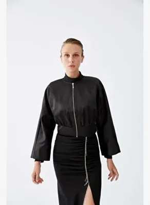 Roman Beli Lastikli Bomber Kadın Ceket Siyah K2216504_001