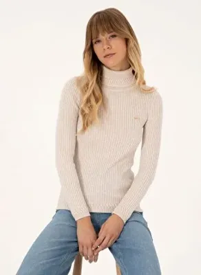 U.S. Polo Assn. Ekru Kadın Balıkçı Yaka Extra Slim Kazak BARGI