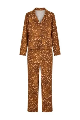 TRENDYOLMİLLA Kahverengi %100 Pamuklu Bambi Desenli Gömlek Örme Pijama Takımı THMAW27PT00270