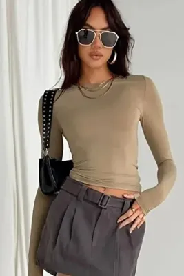 Devinka Kadın Bej Bisiklet Yaka Esnek Kumaş Basic Uzun Kollu Bluz