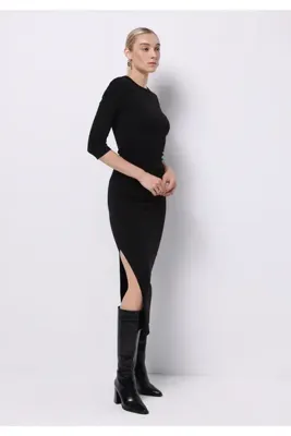 Colins Slim Fit Düz Kadın Siyah ¾ Kol Elbise