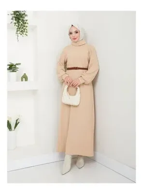 Volt Clothing Kadın Kemerli Balıkçı Yaka Elbise BEJ