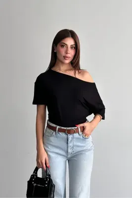 macharel jeans Bele Oturan Kayık Yaka Doğal Viskon Bluz