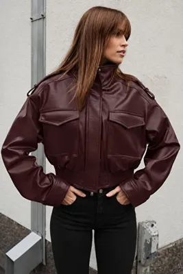 Jaglion New Season Kadın Oversize Dik Yaka Apoletli Bordo Deri Ceket