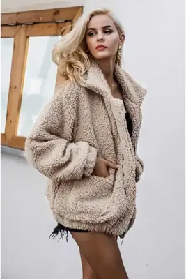MODAALFABE Peluş Çift Cepli Fermuarlı Mont
