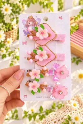 Genel Markalar Kız Çocuk Sakura Çiçekli 4’lü Saç Toka Seti – Taşlı ve Parlak Çiçek Detaylı