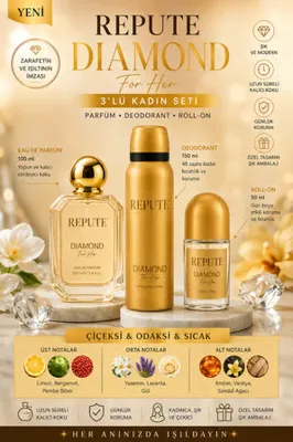 repute Diamond For Her 3'lü Kadın Parfüm Seti – Eau de Parfum 100 ml + Deodorant 150 ml + Roll-On 50