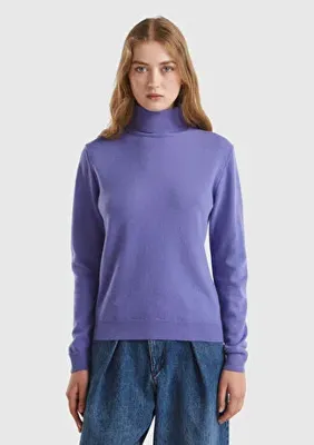 United Colors of Benetton Kadın Mor Dik Yaka %100 Merino Kazak