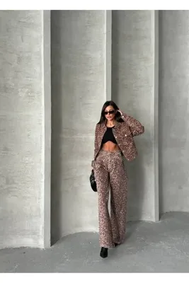 HerTon Kadın Leopar Desenli %100 Pamuk Denim Ceket - Jean Ceket Crop Kesim Jean Ceket