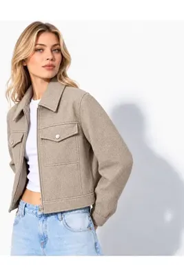 CrepTekstil Kadın Fermuarlı Cep Detaylı Kısa Kaşe Ceket Taş