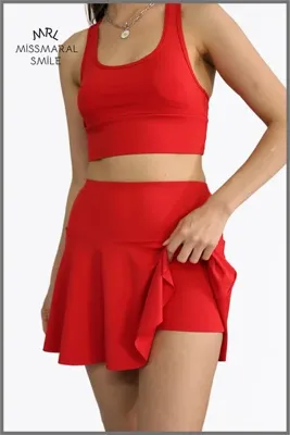 missmaral Kırmızı Etek Içi Sabit Şortlu Lycralı Yüksek Bel Skirt With Shorts Casual Beachwear Tennis 1101