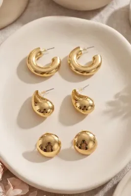 Elika Silver Kadın Vintage 3'lü Gold Küpe Seti